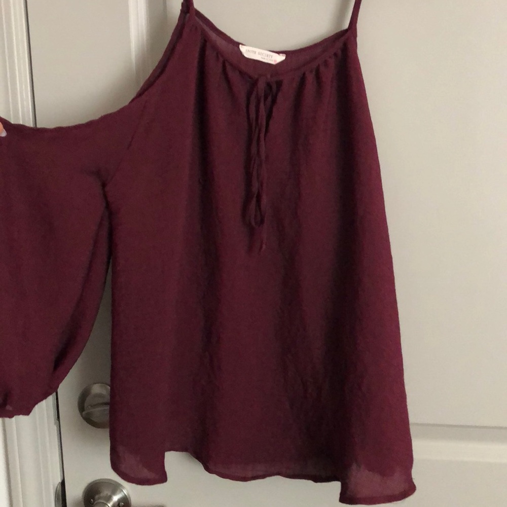 maroon, off the shoulder shirt